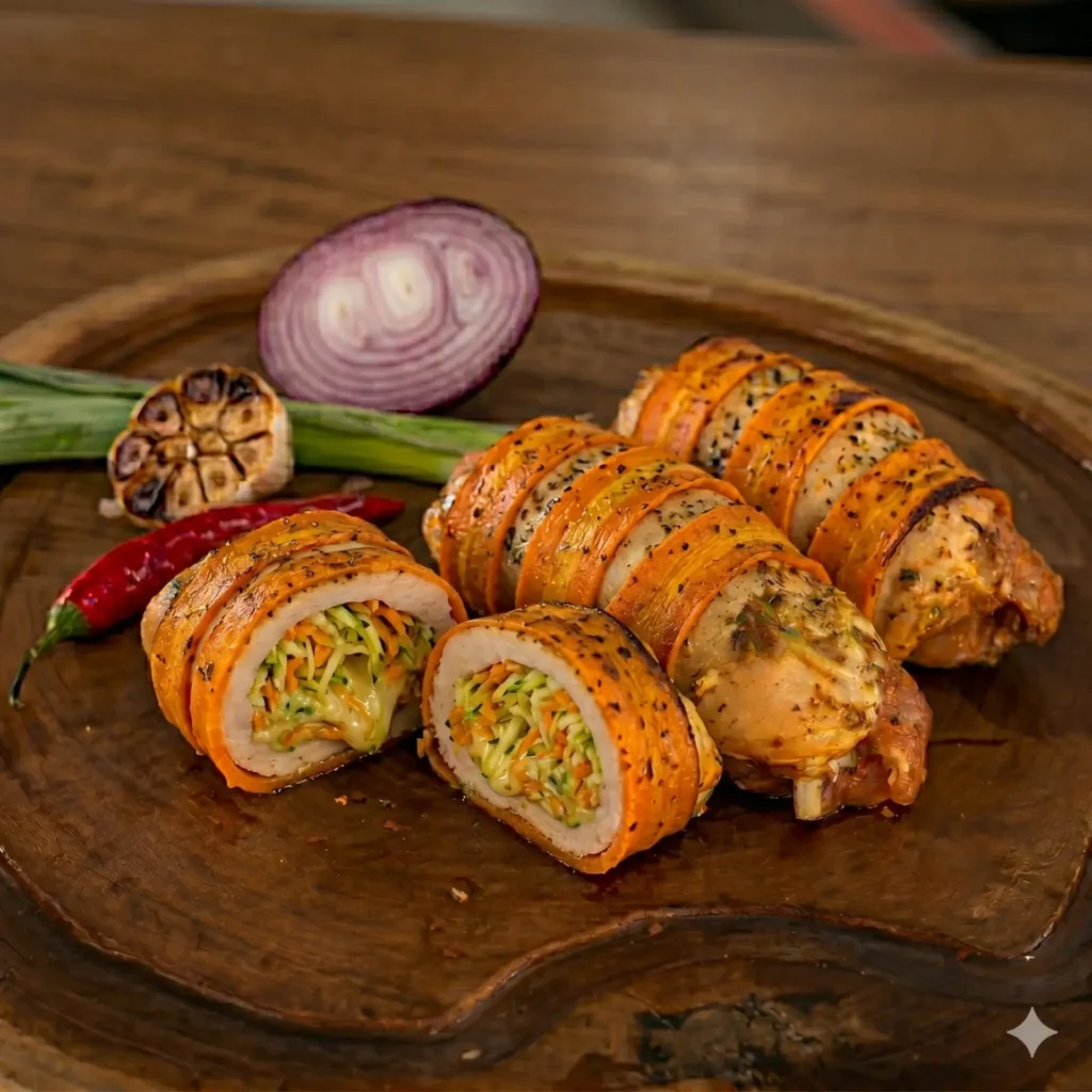 Rolê de Frango - Abobrinha, cenoura e queijos - Nobre Carnes